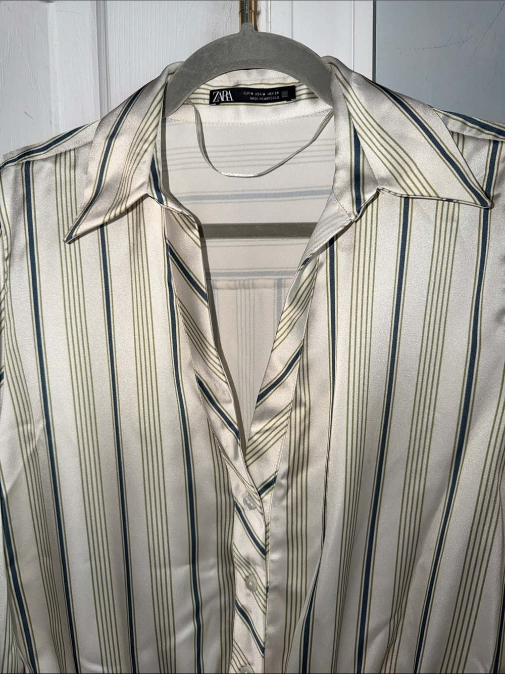 Zara Satin Stripe Shirt Dress Mini Ecru Green Long Sleeve Size M - Picture 7 of 12